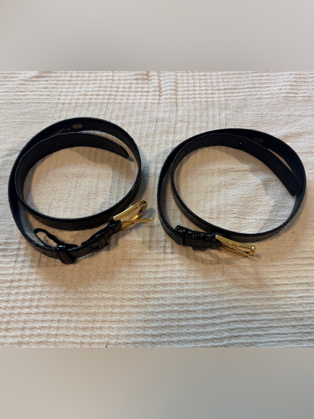Vintage Calvin Klein 2 Black Snakeskin Belts- Lot/Duo Gold Buckle Size Small